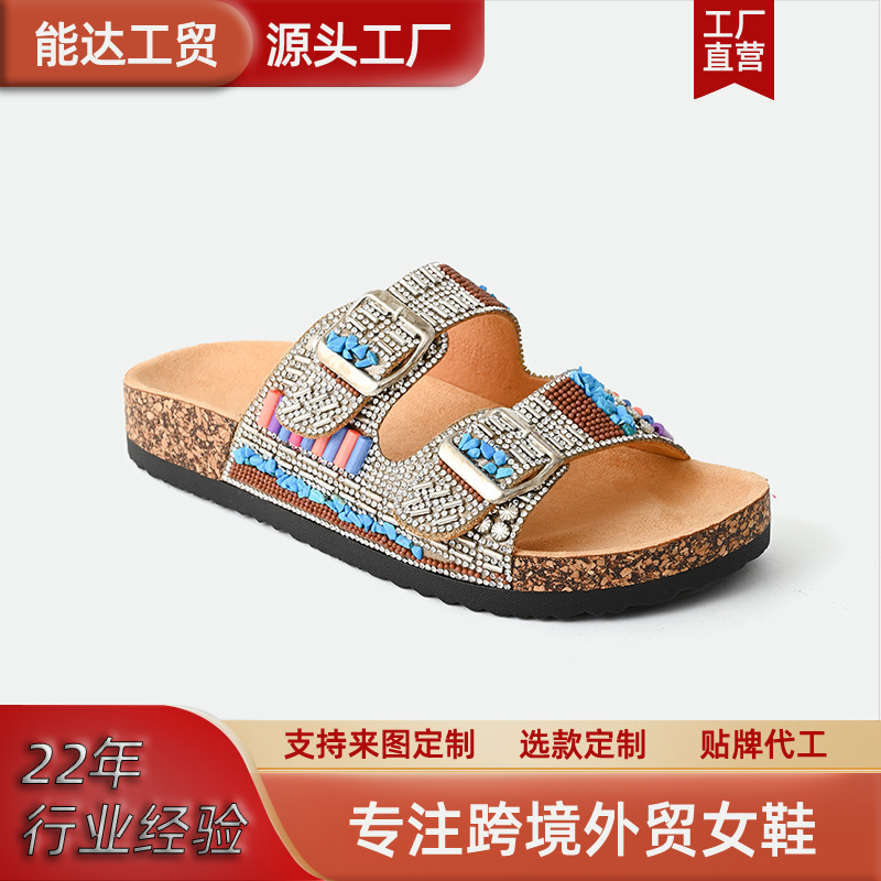2024 Summer New Cross-Border Export One-Button Diamond Flats Slippers Women's Beach Cork Slippers Factory Customization