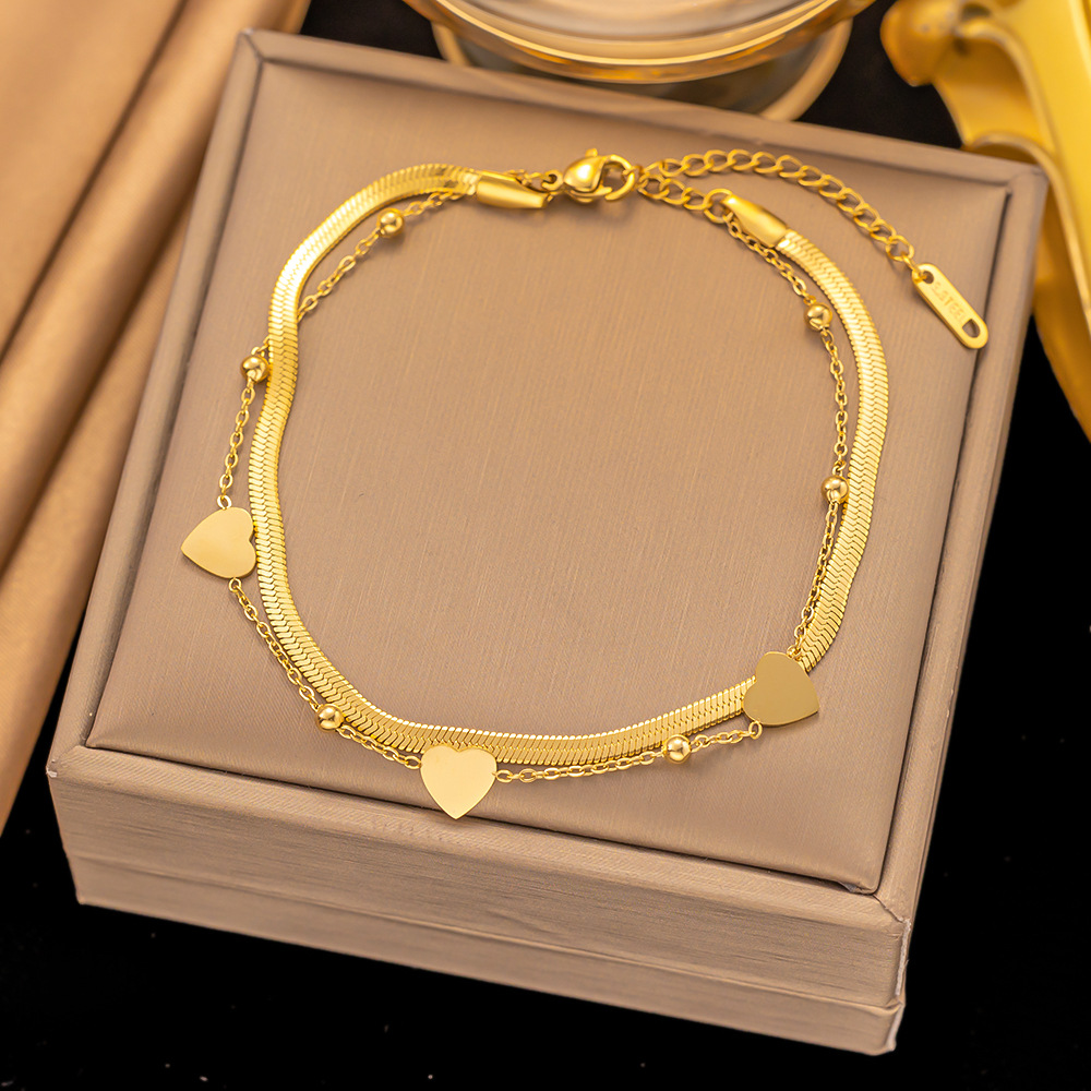 European and American cross-border niche design love chain double-layer stacked gold-plated titanium steel fashion all-match anklet for women