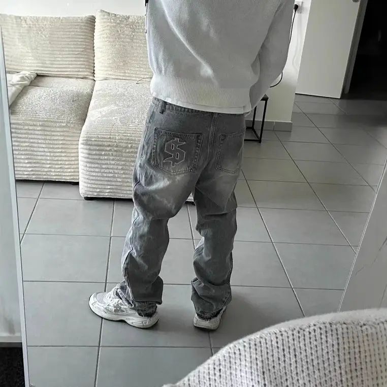 Cross-Border European and American Retro Washed Distressed Jeans for Men and Women Autumn and Winter Street Black and Gray Patch Straight Trousers Wholesale