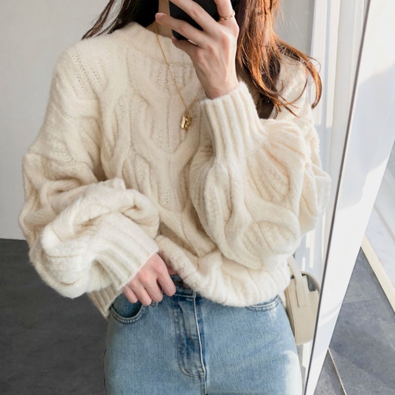 Lantern Sleeve Round Neck Twist Knitwear for Women Lazy Style 2025 Autumn and Winter New Korean Style Loose Pullover Knitwear