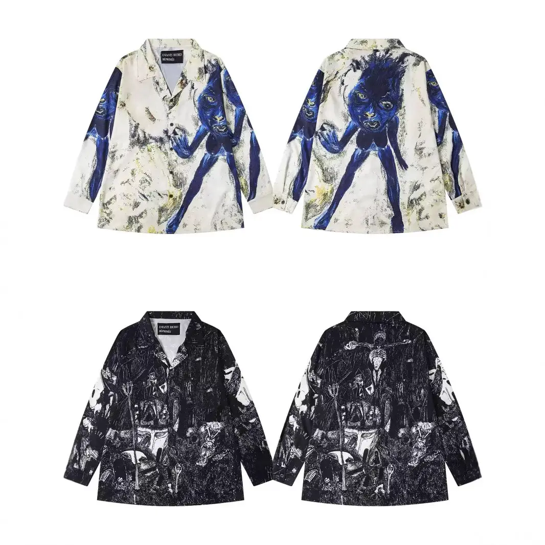 Erd Melancholic Rich Second-Generation Blue Silk Satin Niche American Full-Print Graffiti Casual Loose Long-Sleeved Shirt