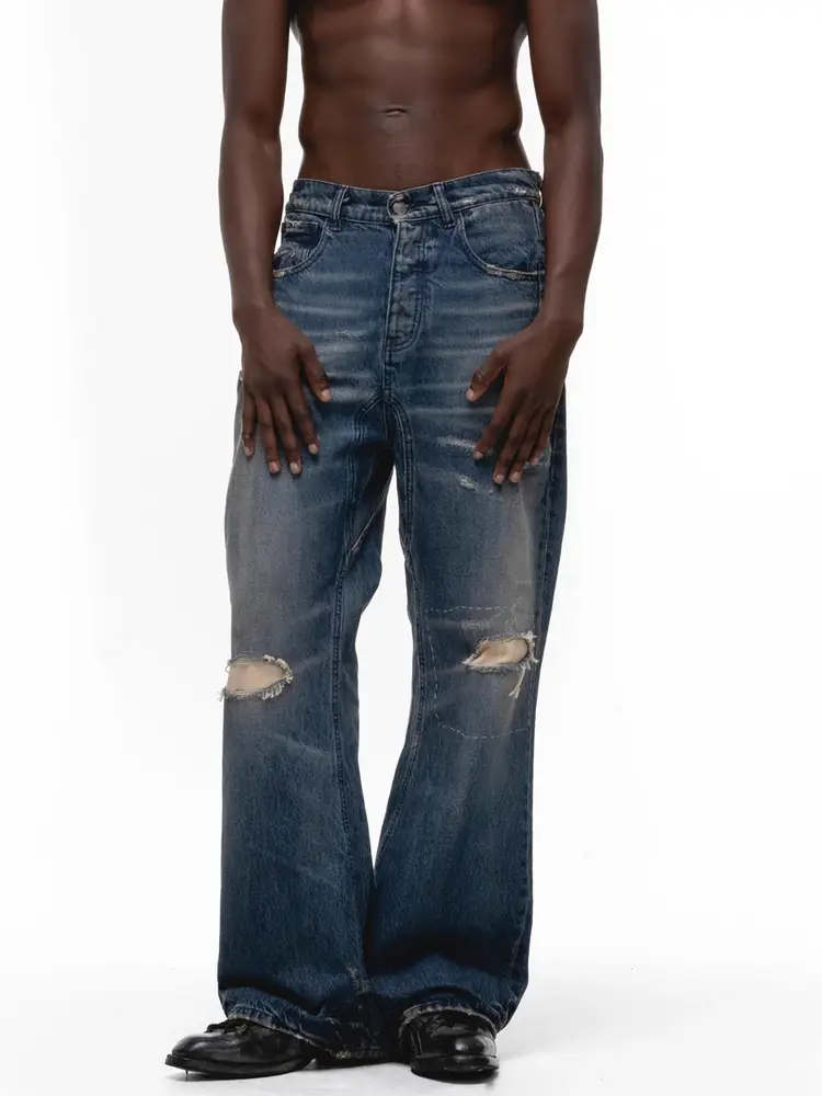 No/faith Studios ITALY washed blue cat whiskers with cloth, torn holes, cut horns, denim pants
