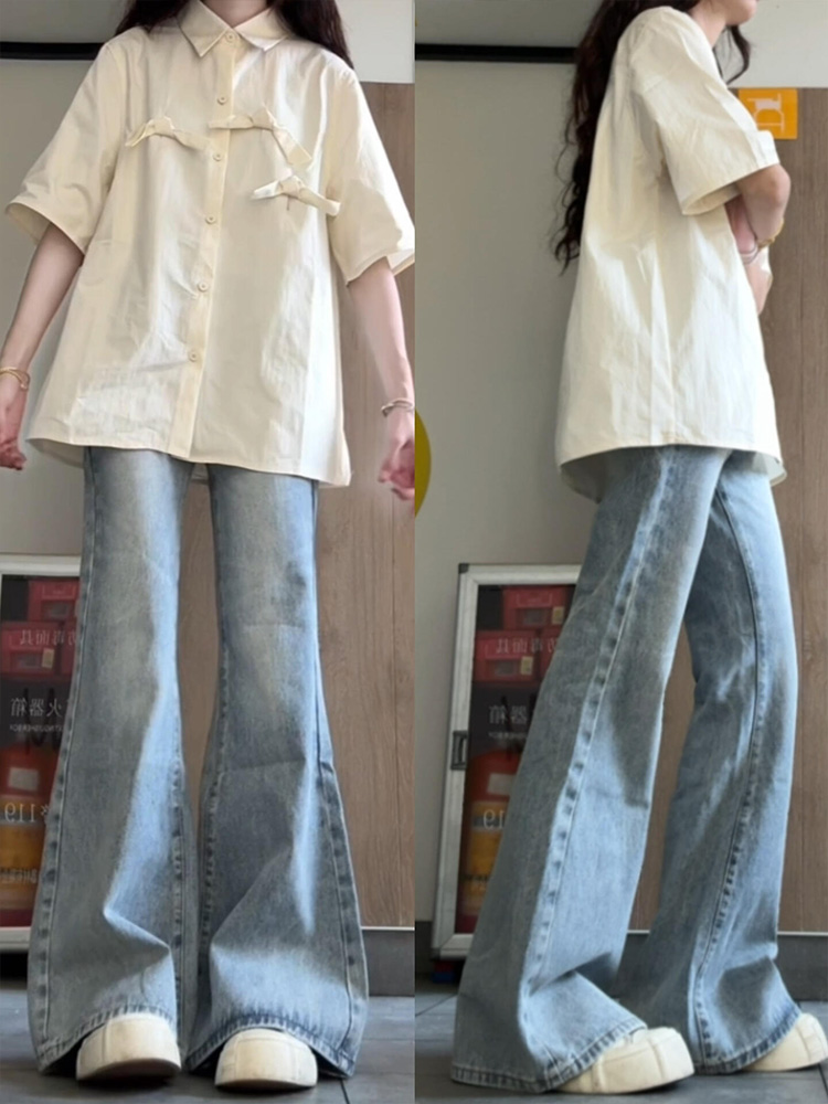 Light Blue Flared Jeans for Spring, High-End Style, Plus-Size, Petite, High-Waisted, Loose Wide-Leg Bootcut Pants