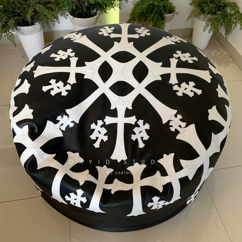 David Custom-Made Laser-Engraved Cross Handmade Black and White Accessories Italian Top-Grain Leather Lazy Sofa