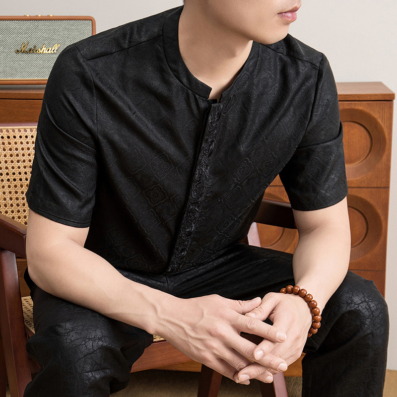 Men's Tang Suit Short-Sleeve Shirt, Summer High-End Silk with Crackle Pattern, Xiangyun Silk, Stand Collar, 100% Mulberry Silk, Vintage Top