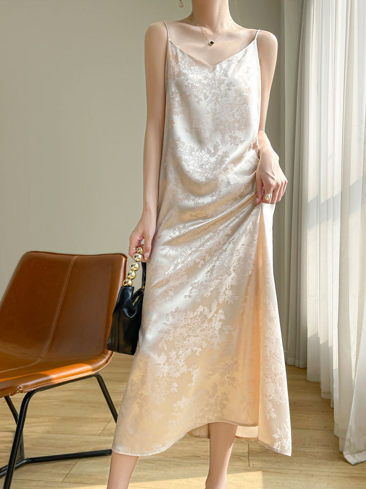 New Chinese Style National Style Silk-like Satin Jacquard Sling dress 2025 Summer New Elegant Acetic Acid Long Dress