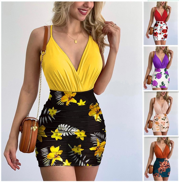 2024 European and American Cross-Border New Women's Clothing Amazon Tight-Fitting Jumpsuit and Trendy Floral Print Skirt Set