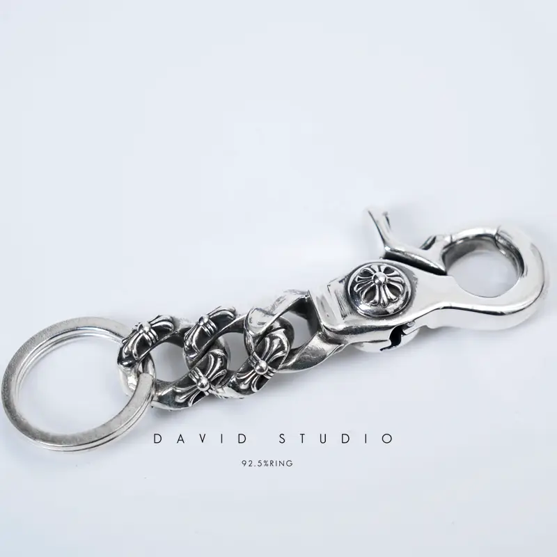 David Studio925 Sterling Silver Cross Flower Keychain Chain Classic Fully Handmade Punk Trendy Motorcycle Trend