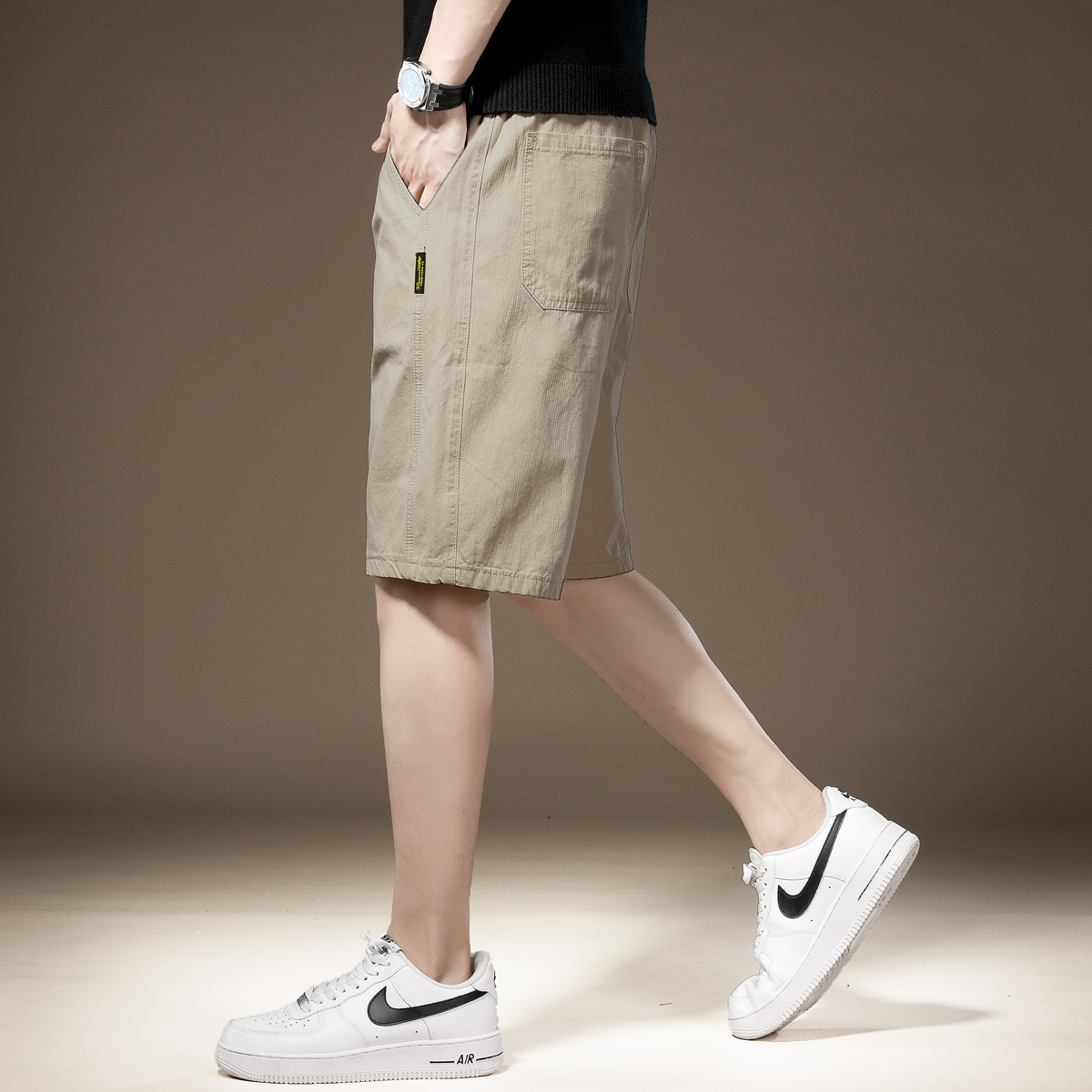 Summer Thin Solid Color Casual Shorts for Men, Outerwear Five-Sixths Length Pants, Pure Cotton Straight-Leg Sports Beach Shorts for Men