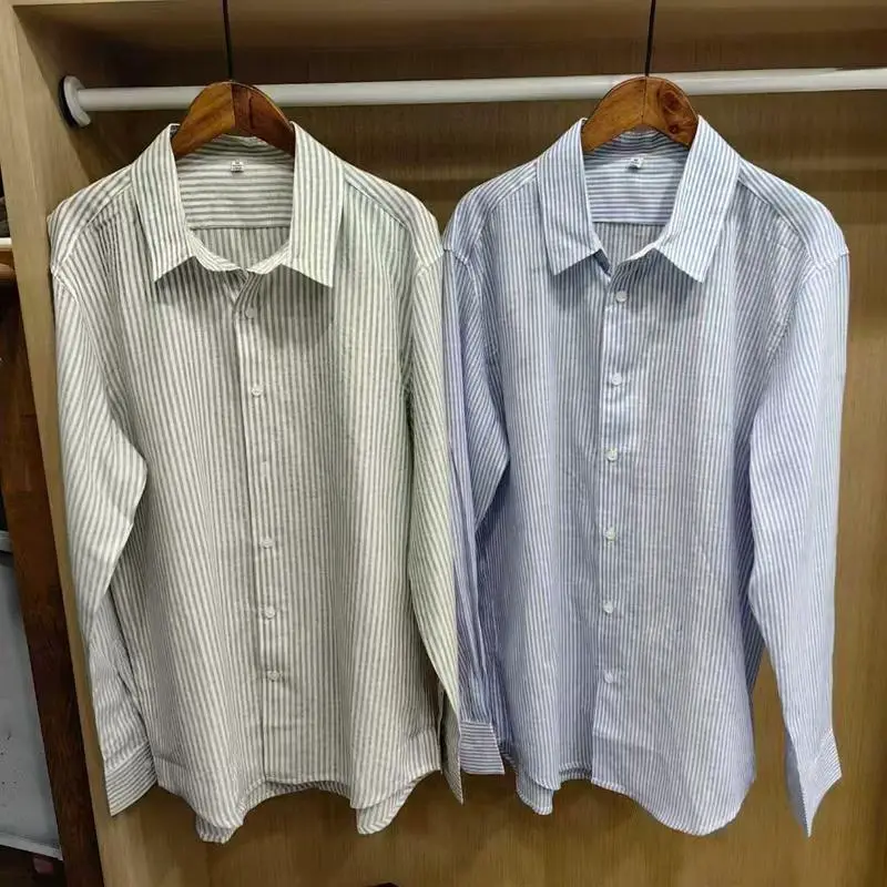 Flat men's and women's clothing French linen striped shirt/long sleeved shirt casual 25 spring/summer new item 474509