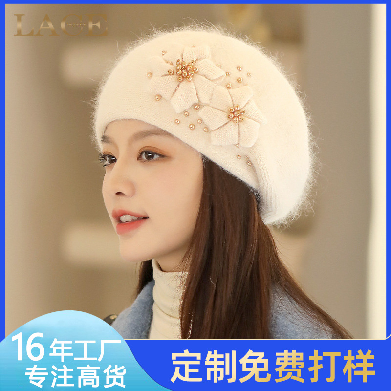 Autumn and Winter Hats New K-Style Versatile Fleece-Lined Warm Rabbit Woolen Hat Women's Knitted Hat Beret Wholesale Customization