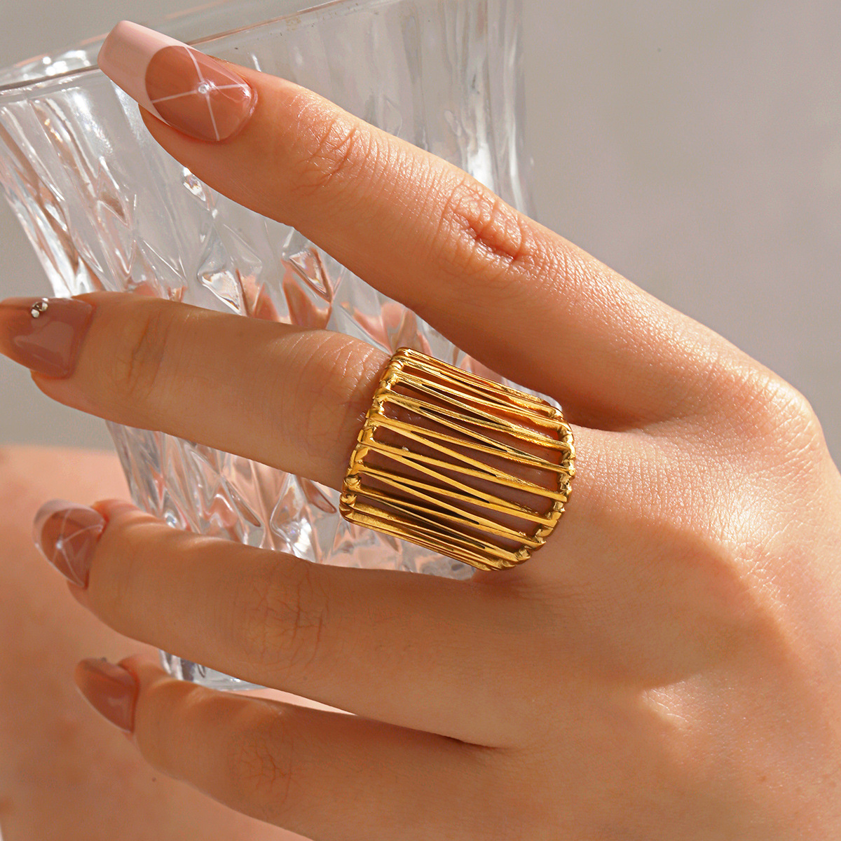 European and American Fashion 18K Gold Plated Exaggerated Thick Line Ring Personalized Hip Hop Opening Adjustable Titanium Steel Ring