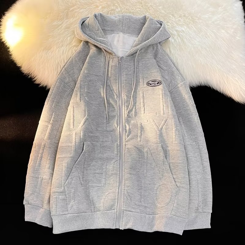 Spring and Autumn Trendy Brand Jacket Embossed Zipper Cardigan Heavy Hoodie Men's Hooded Loose Couple's Hoodie Trendy Jacket