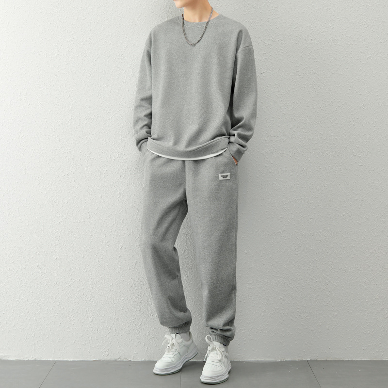 Cross-border 2023 spring new men's casual suit waffle long-sleeved sweater trousers youth sports suit