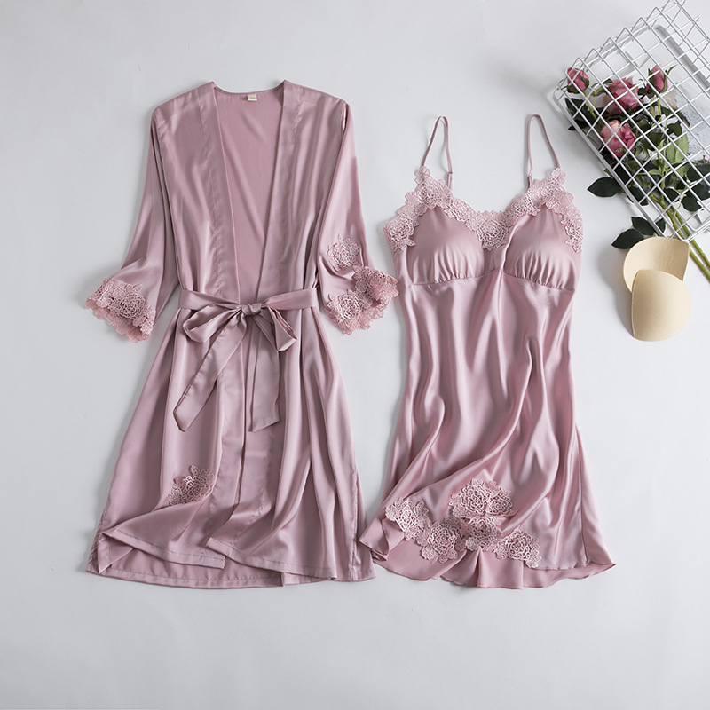Summer Silk Nightgown Women's Sexy Sling Sleepwear Two-piece Set Silk-like Home Clothes Lace Hair