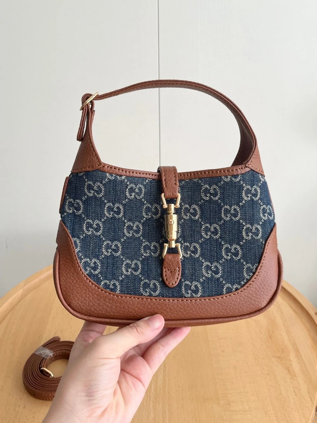 【原单级】现货高配GG新品牛仔包 21早春  古奇 蓝色牛仔布mini jackie包腋下手提女潮