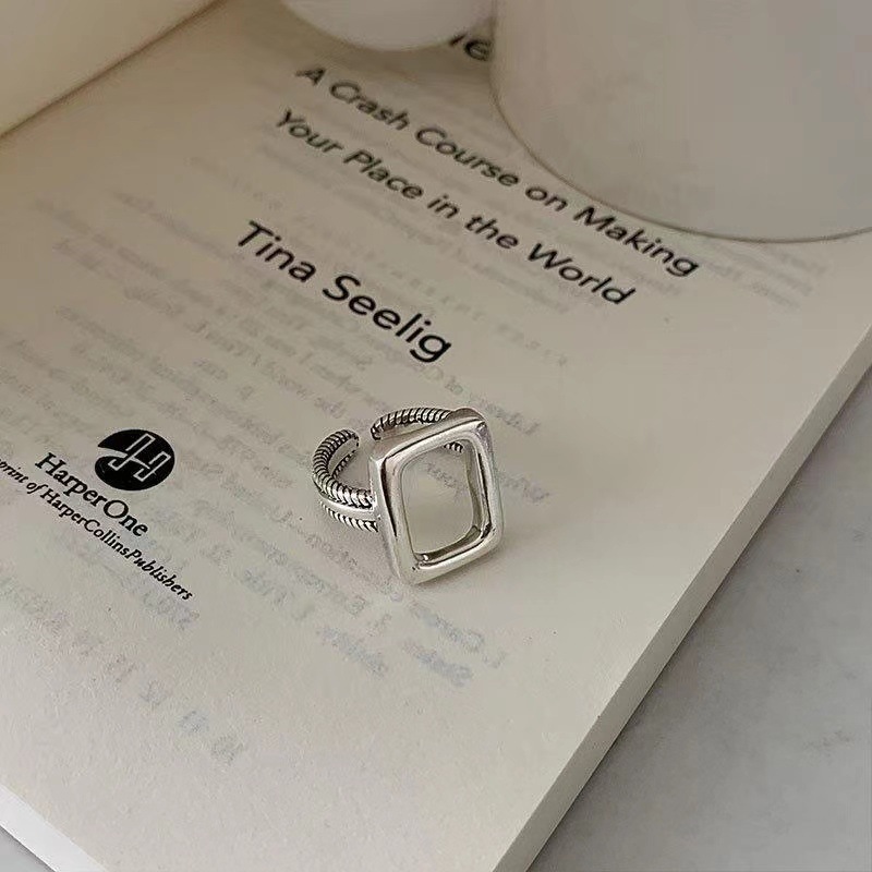 New Korean Style Distinctive Geometric Hollow Rectangular Ring Women's Retro Fashion Open Quadrilateral Hip-Hop Finger Ring