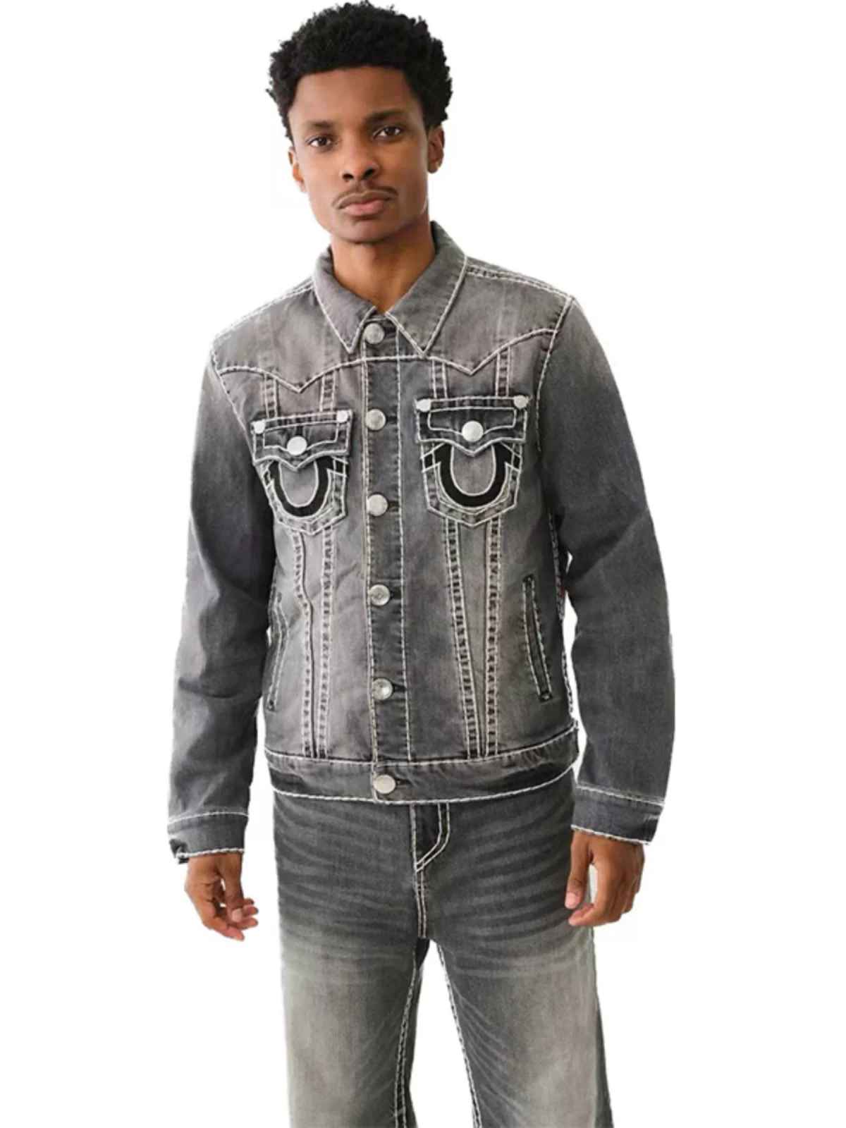 American-Style Trendy Brand Religious Denim Jacket for Men, Large Size, White Thick Line Maitreya Buddha Workwear Casual Jacket