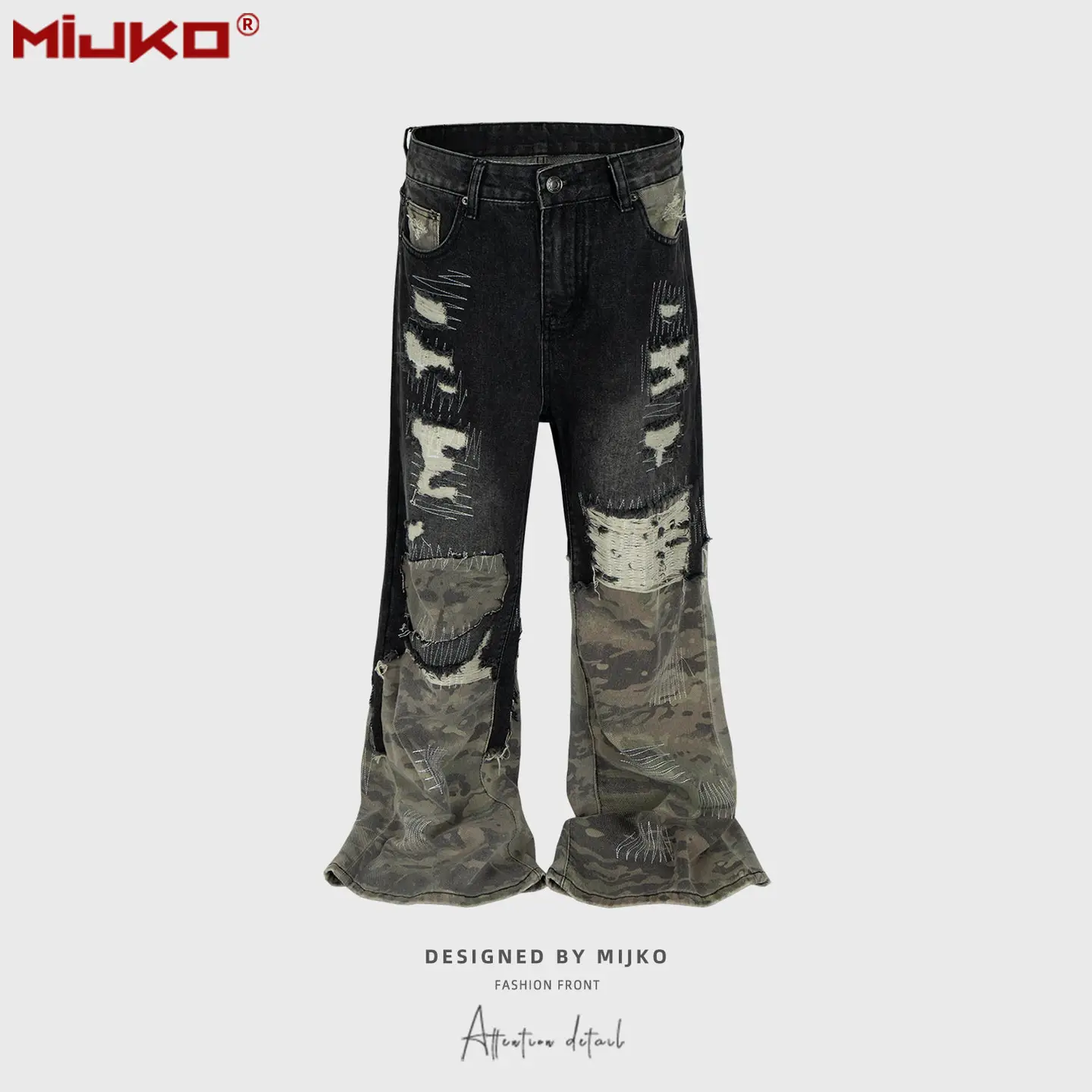 MIJKO High Street American Camouflage Fabric Splicing for Old and Broken Hole Design Men's and Women's Jeans Micro Pull Wide Leg Pants Trendy Brand