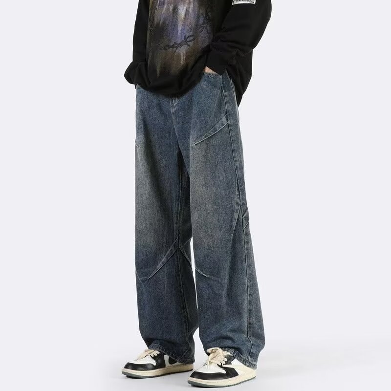 Washed Old Retro Blue Jeans Men's American Style High Street Vibe Pants Trendy Brand Loose Straight Pants
