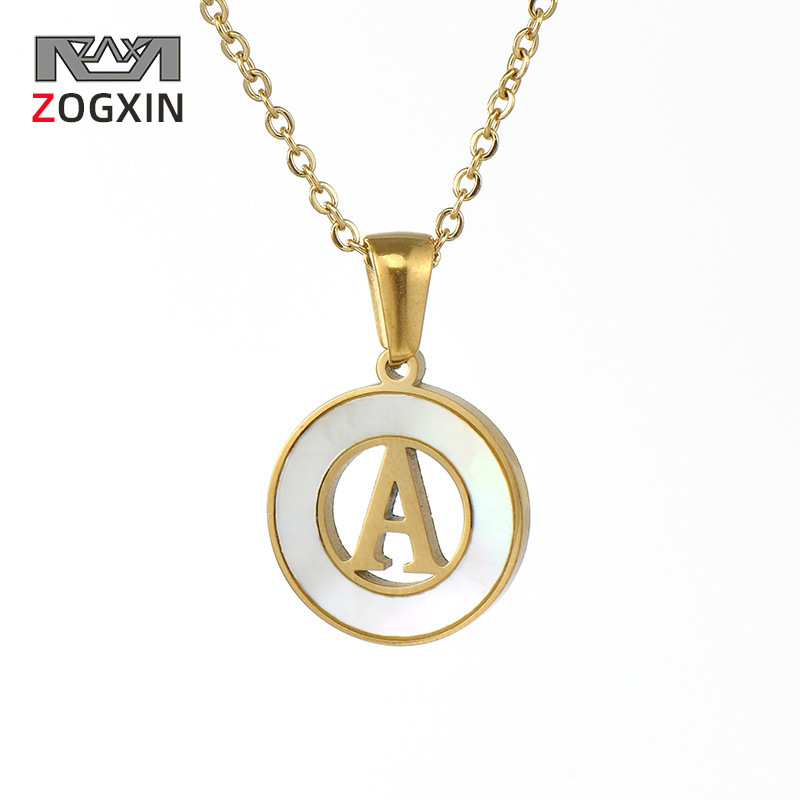 Cross-border 18K gold shell round stainless steel letter necklace fashion European and American titanium steel ring 26 letter pendant women