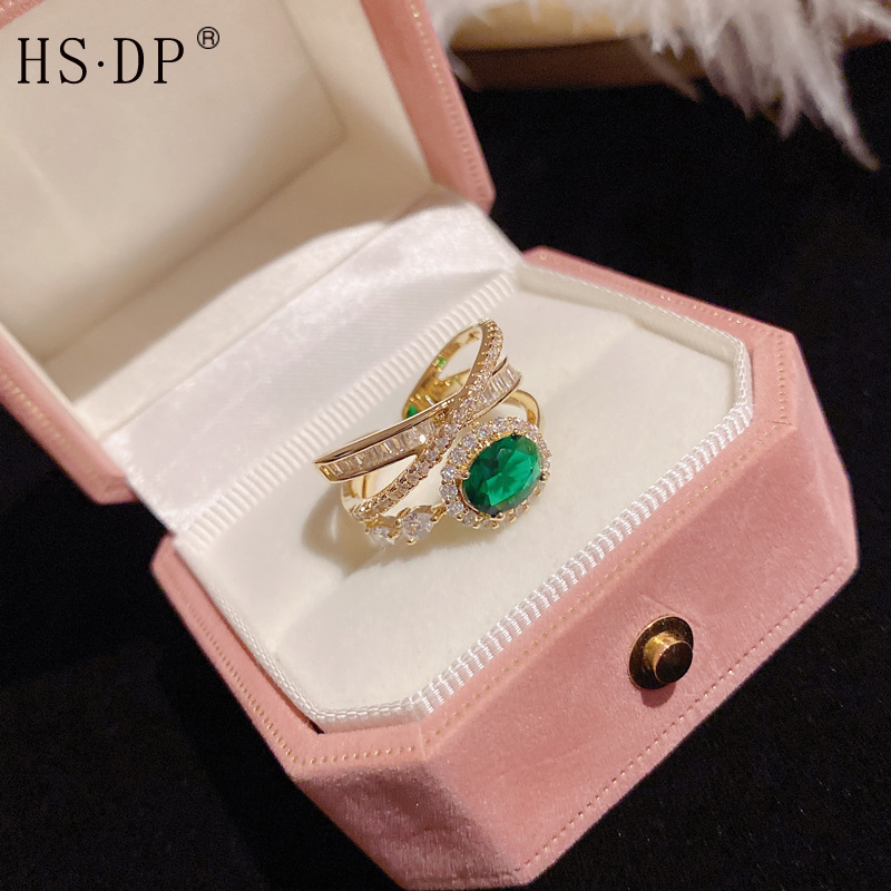 Real Gold Electroplating Color-preserving Light Luxury Heavy Industry High Texture Emerald Crystal Ring Ins Trendy Adjustable Opening Ring