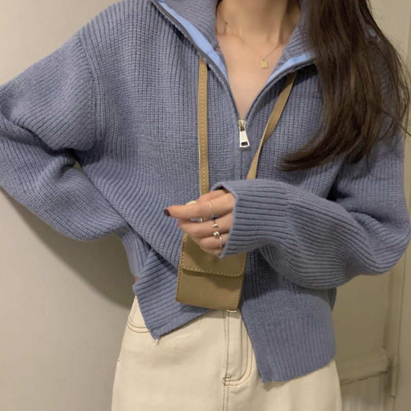 New Short Soft Sweater Jacket for Women in Autumn and Winter, Double Zipper, Loose and Lazy Style, Hooded Knitted Cardigan Top