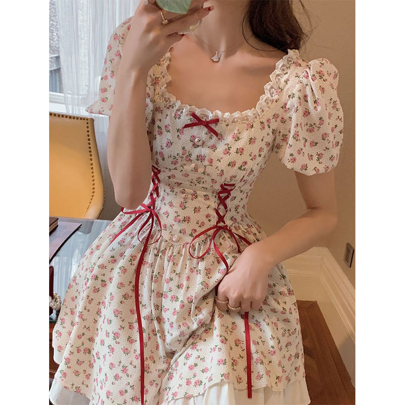 Summer French style fresh floral skirt super fairy Mori puff sleeve bow lace ruffled dress