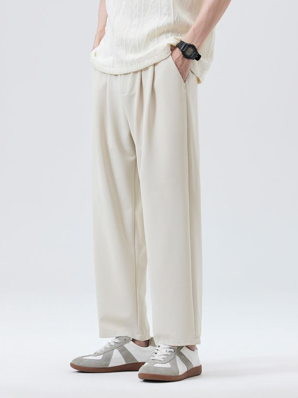 Mingge | Solid Color Simple Versatile Loose Straight-Leg Cropped Trousers Men's Wide-Leg Drapey Commuter Knit Casual Pants