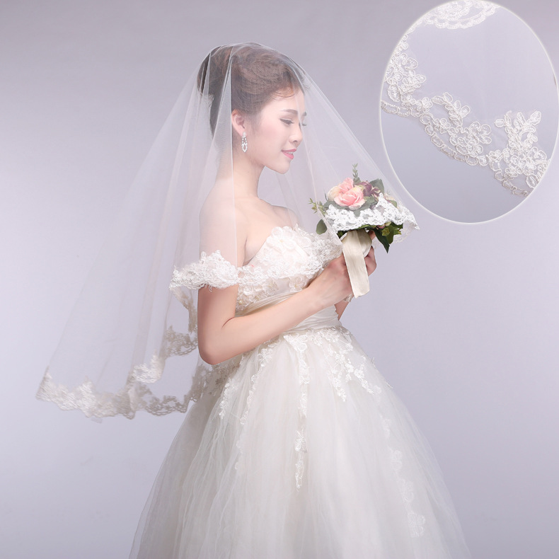 Retro Lace Bridal Veil Short European and American Wedding Dress Headdress Hair Accessories Single Layer Travel Photography Veil Wedding Photo