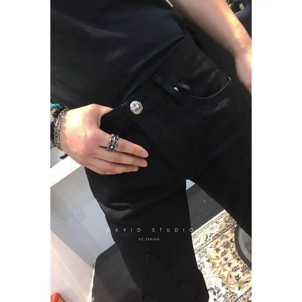 Fully Handmade G-Dragon and Luo Zhixiang Style Trendy Pure Cotton 925 Sterling Silver Cross Button Jeans Pants