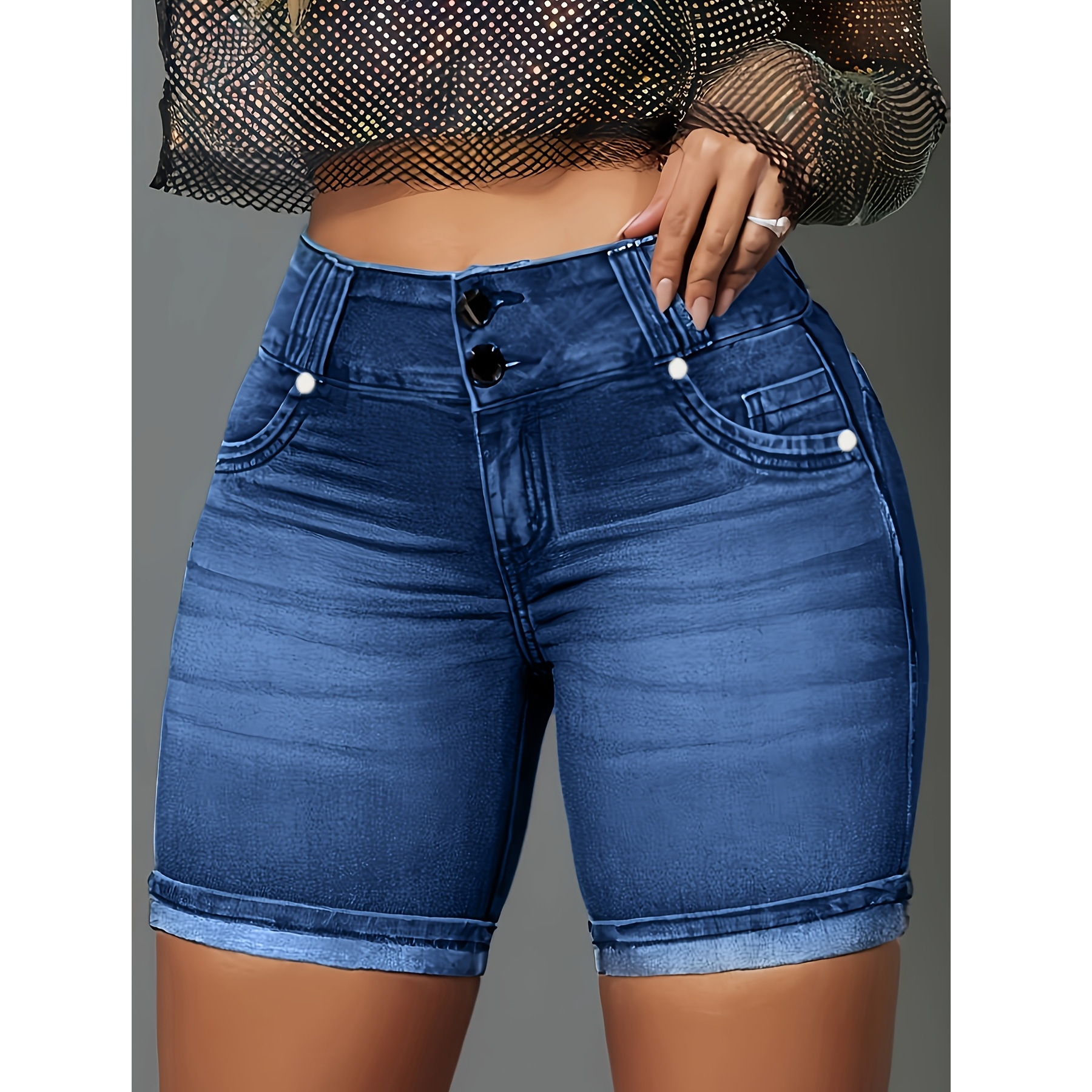 Cross-Border European and American Women's Clothing, Elastic Denim Shorts, Casual, Double Button, New Cross-Border Style, Trendy Shorts