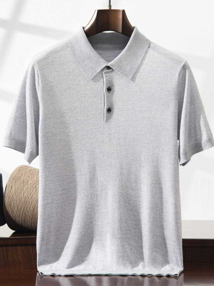 2025 Summer 100 Wool 68 Count Double-Strand Worsted Yangtze Yarn T-Shirt Thin Knitted Polo Lapel Short-Sleeved Men