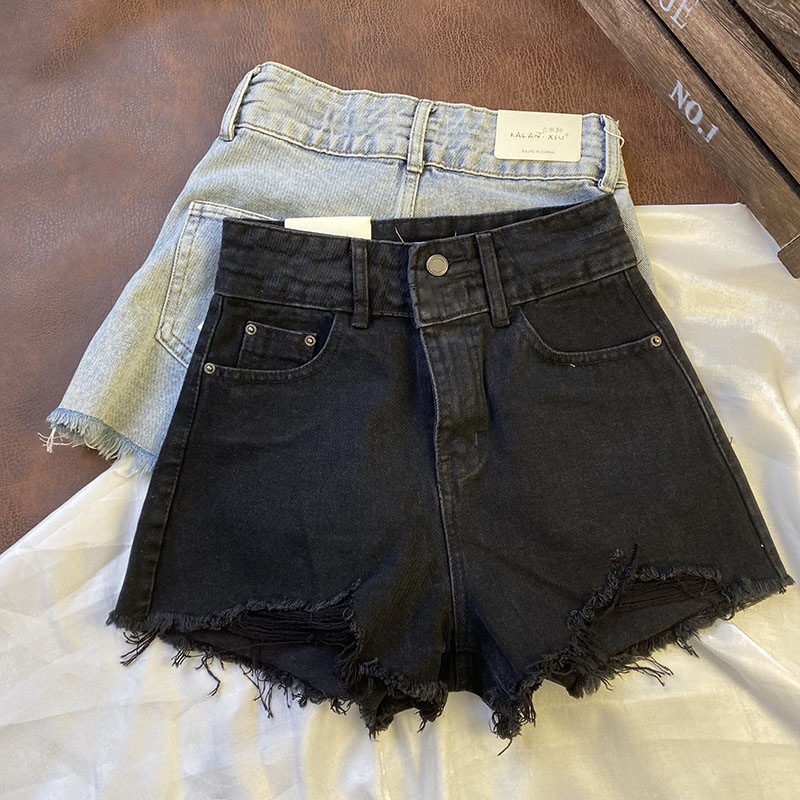 Stylish Fashion High Waist Blue Single Button Hole Denim Shorts Women's Korean Style Old Stomp Wide Leg Black A- line Pants