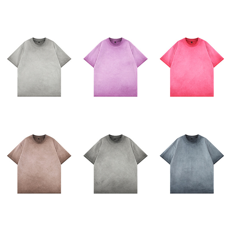 2026 Summer Men's New Style 240g Cotton Short-Sleeved T-Shirt Pure Color Couple Half-Sleeved Dirty Wash Round Neck Short-Sleeved T-Shirt for Men