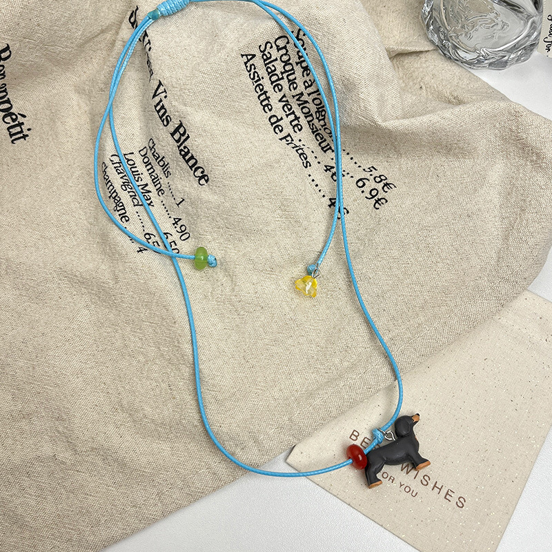 Cute Stereo Cartoon Dachshund Pendant Necklace for Women Blue Leather Rope Puppy Long Sweater Chain Sweatshirt Chain Accessories