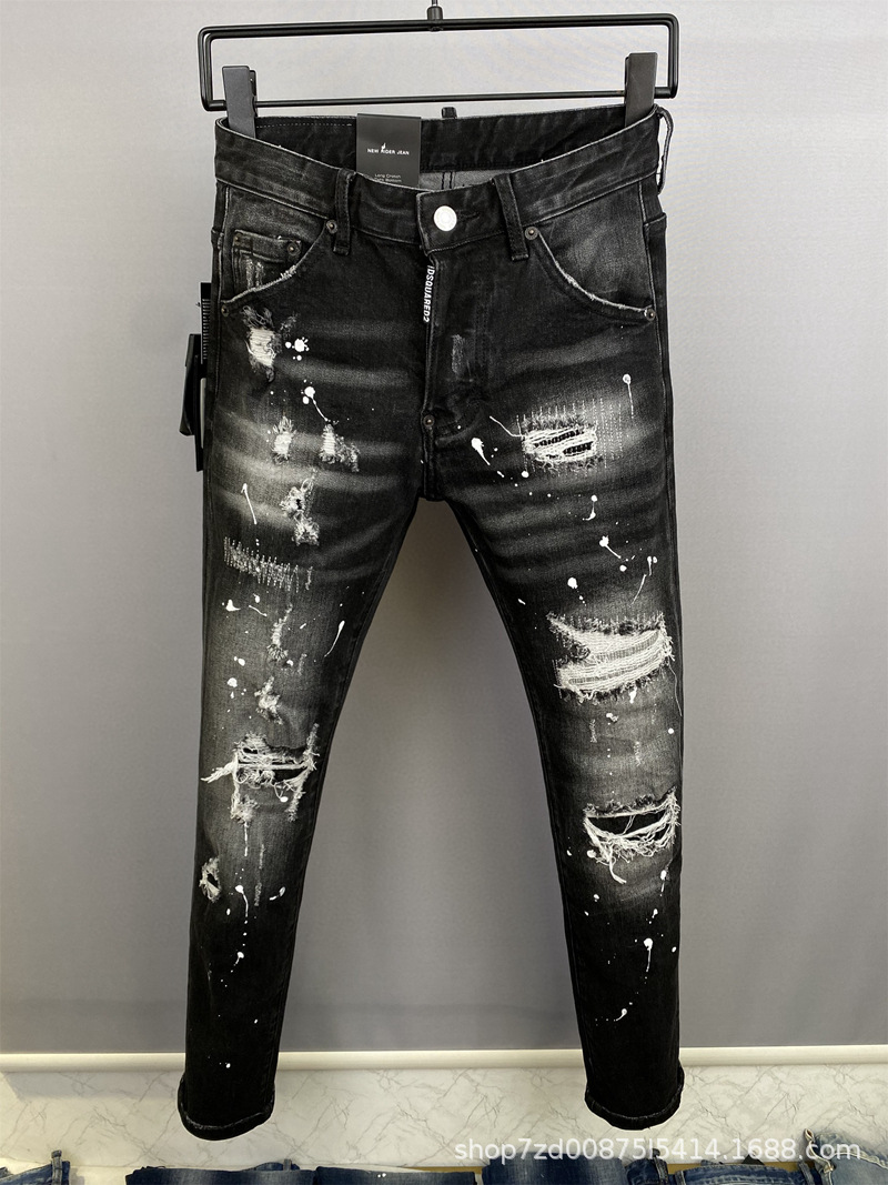 9859 ripped fashion secondary fashion brand jeans European and American cross-border Men's straight Denim trousers European station Denim