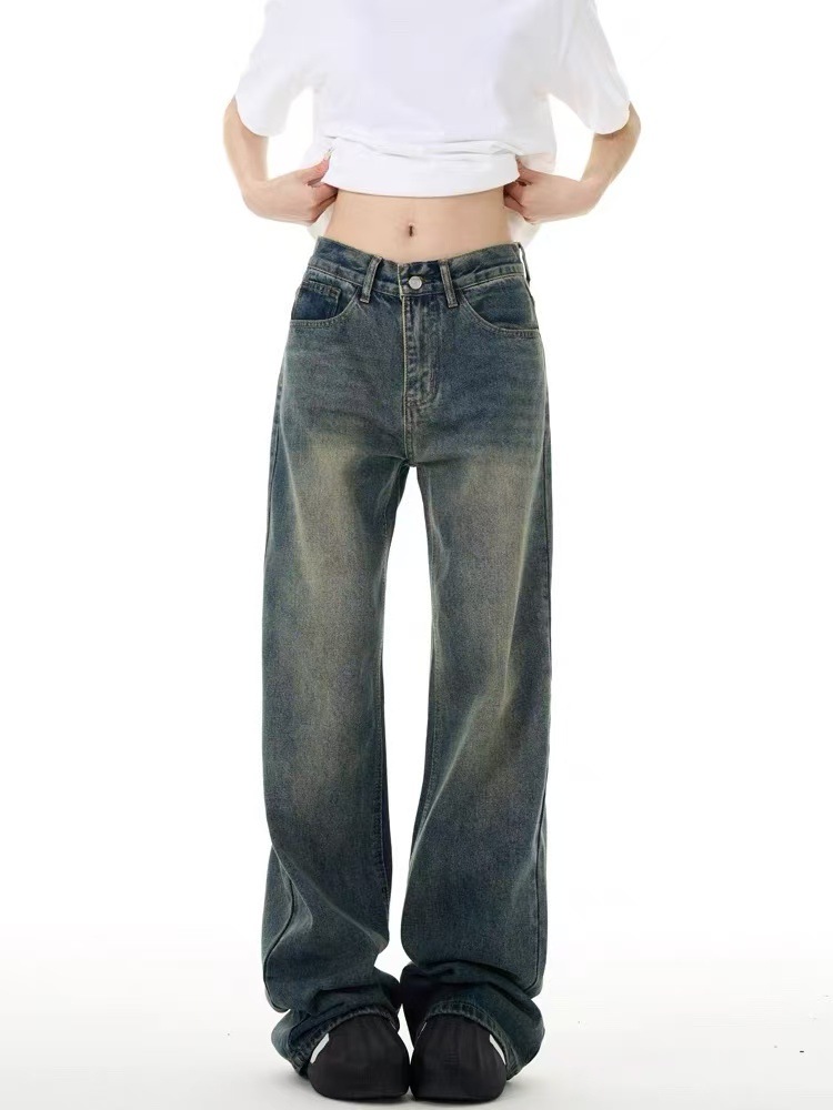 American Retro Jeans Men's and Women's High Street Washed Old High Waist Wide Leg Loose Straight Micro Long Trousers Trendy Brand