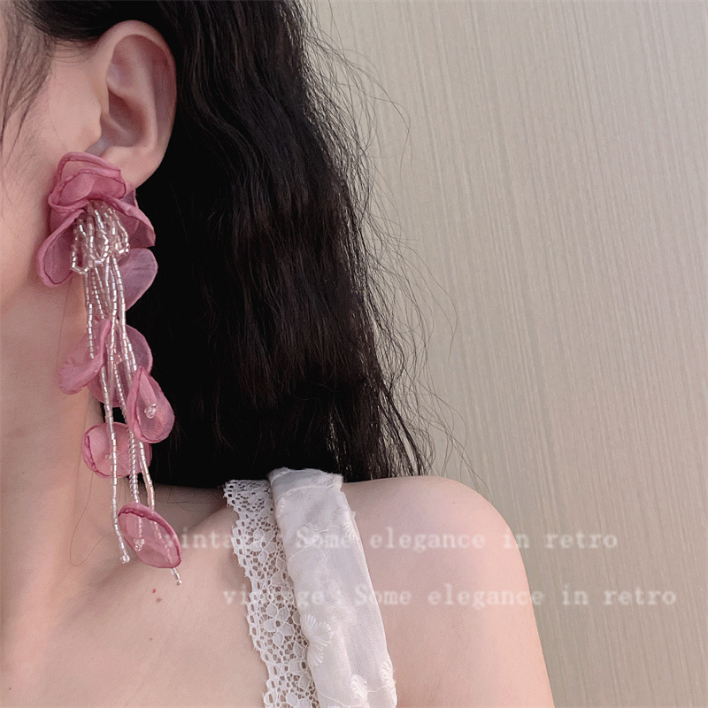 Spring Florescence Tulle Petal Tassel Earrings Super Fairy Sweet Seaside Vacation High-grade Exaggerated Earrings
