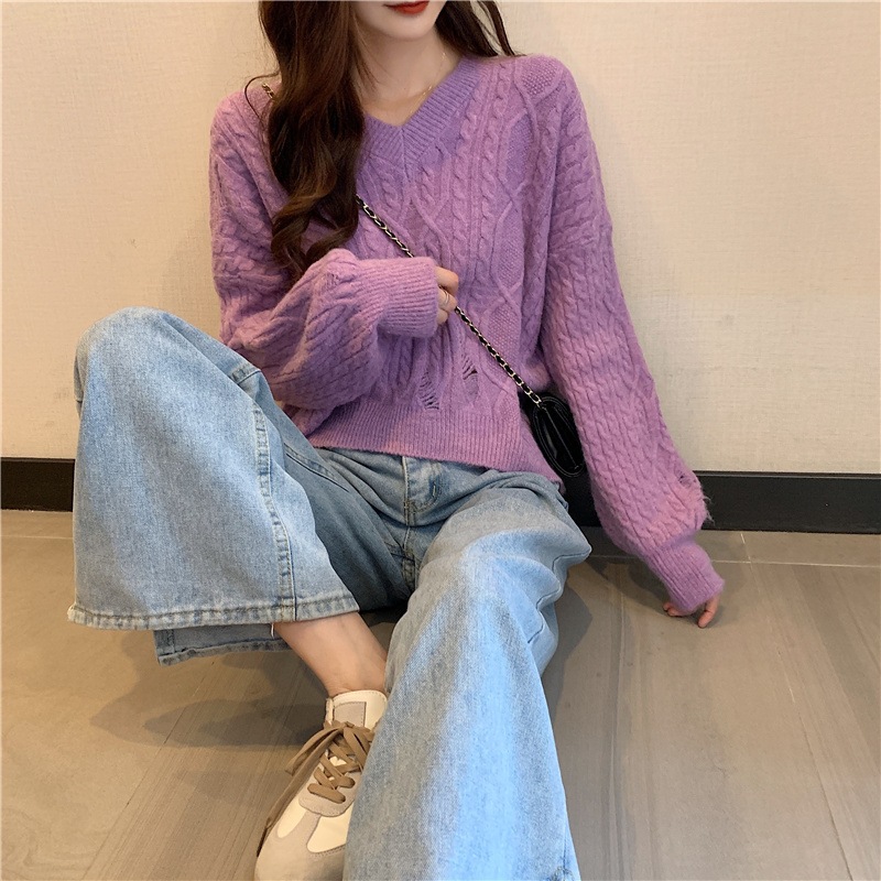 Pullover Sweater with Holes and Twist Pattern for Women, Unique Design, Loose Fit, Short Knit Top for Autumn and Winter, V-Neck, Royal Blue