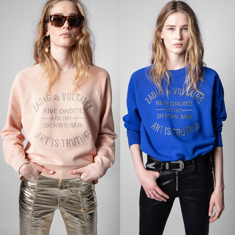 25 New Autumn and Winter French-Style Niche Zv Classic Letter Embroidery Round-Neck Cotton Women's Sweatshirt Pullover Foto QC de 1688 na Qualit.ly