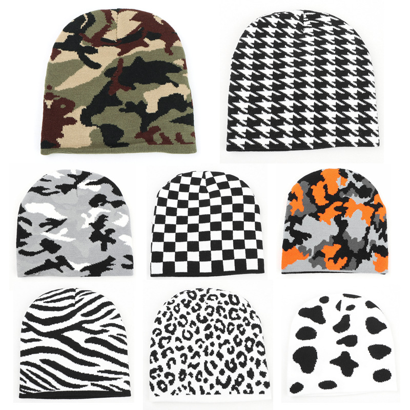 Cross-Border Knitted Cold Hat Men's Camouflage Hat Leopard Print Houndstooth Print Woolen Hat Winter Warm Ear Protection Pullover Hat