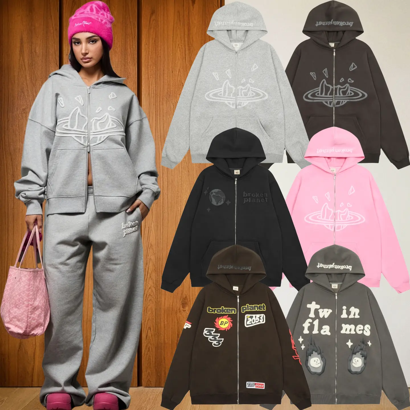 Correct Version Broken Planet Zipper Cardigan Sweatshirt Set Fun Foam Printed American High Street Hoodie