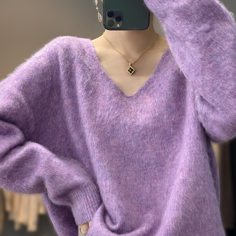 Korean Style Loose Gray V Neck Mohair Knitwear Autumn and Winter 2023 New Women's Loose Casual Soft Waxy Knitwear Large