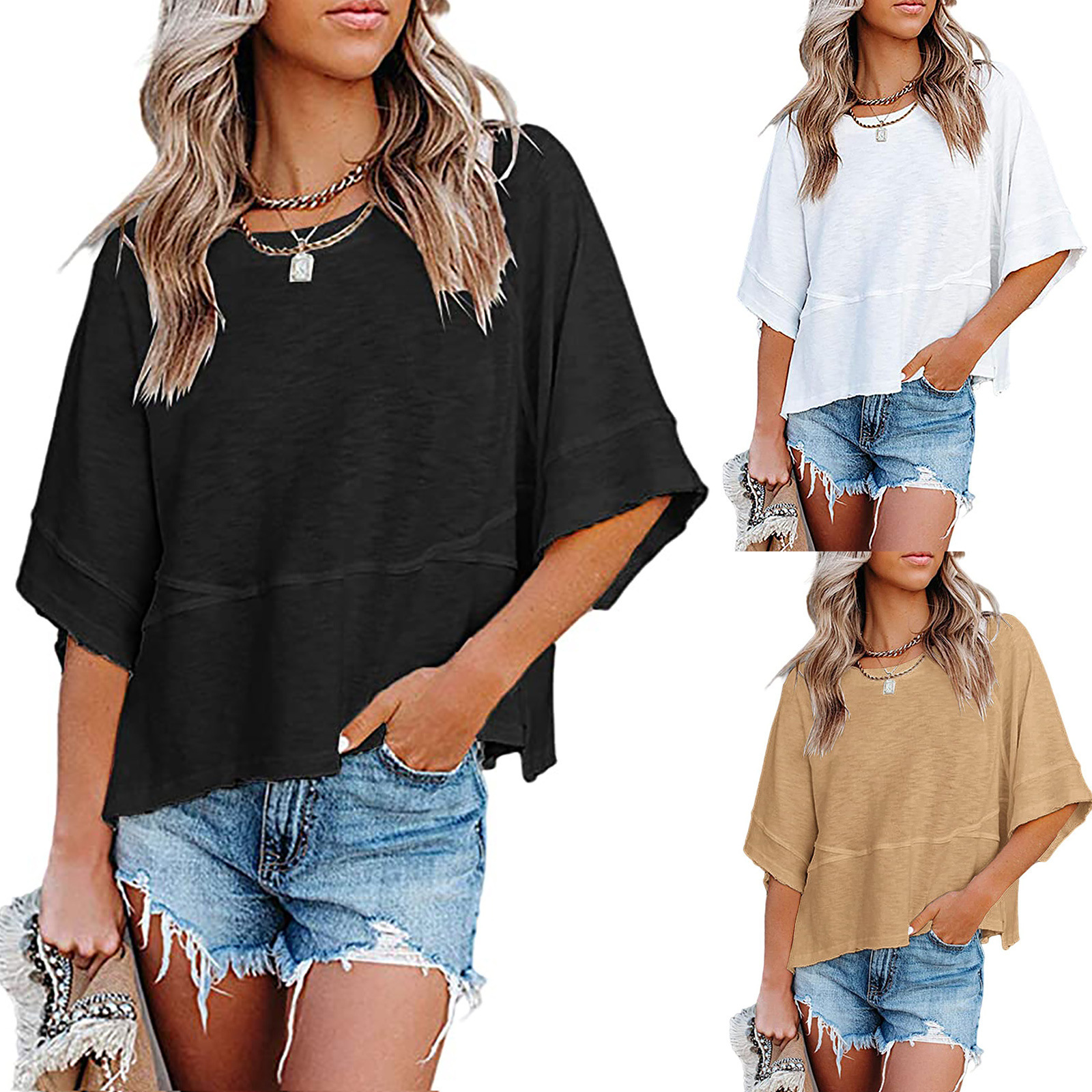 2024 Amazon Cross-Border European and American Style Solid Color Round Neck Loose Top T-Shirt with Five-Point Flared Sleeves, Sweet and Fresh