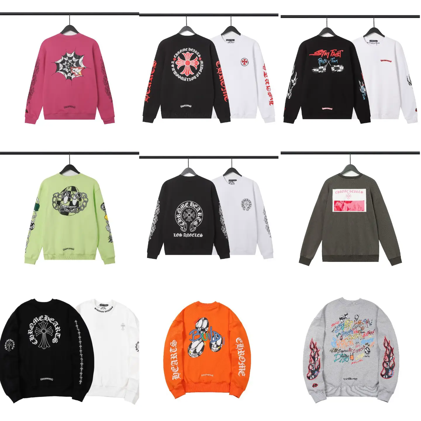 Cross-Border Trendy Brand Autumn and Winter New Ch Crow Black Simple Letter Round Neck Sweatshirt Men and Women Same Style Series Drop Shipping