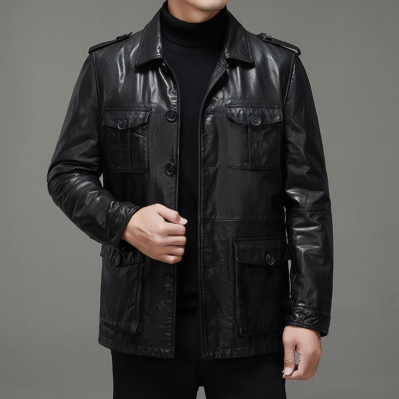 Top Layer Oil Wax Cowhide Leather Jacket for Men, Genuine Leather with Silk Lining, Autumn and Winter Turn-Down Collar Workwear Pocket Biker Jacket