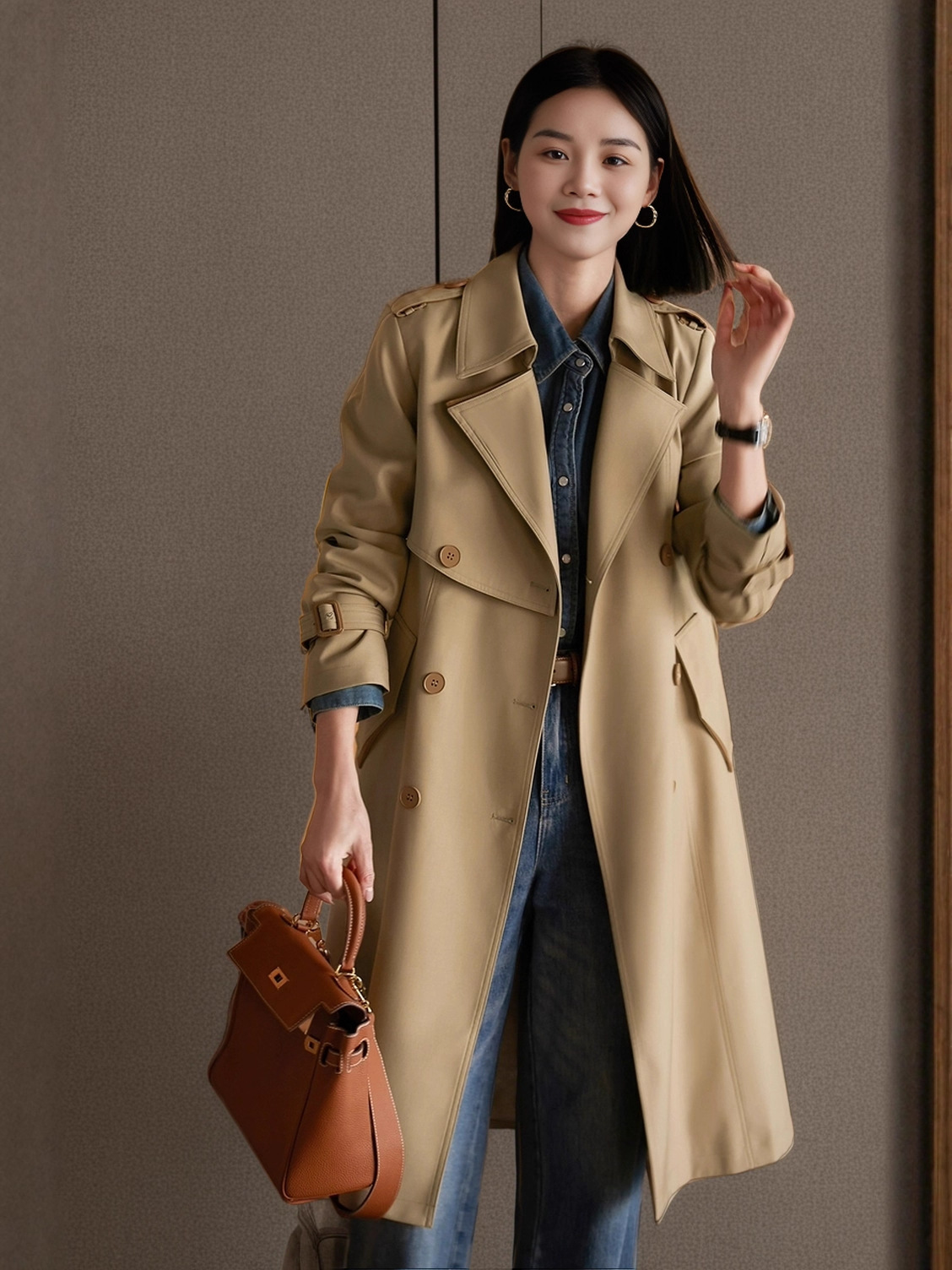 Trench Coat Nanyou Foreign Trade High-End Composite Twill Cotton Windbreaker Women's Mid-Length Double-Breasted Lace-Up Coat