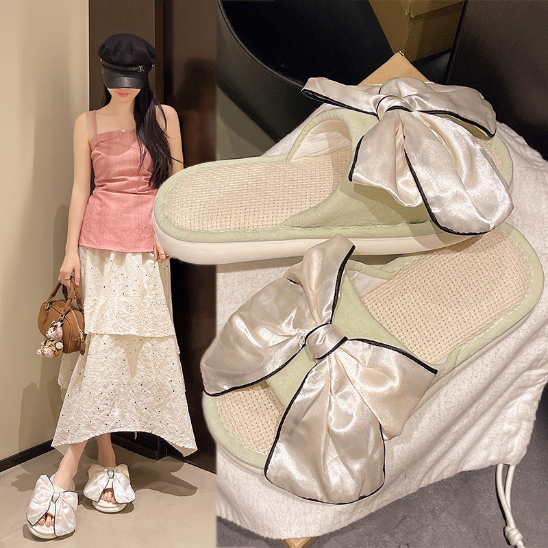 Summer Style Satin Bow Linen Slippers for Women, Soft-Soled Non-Slip Home Shoes That Can Be Worn Outside, Fairy Sandals