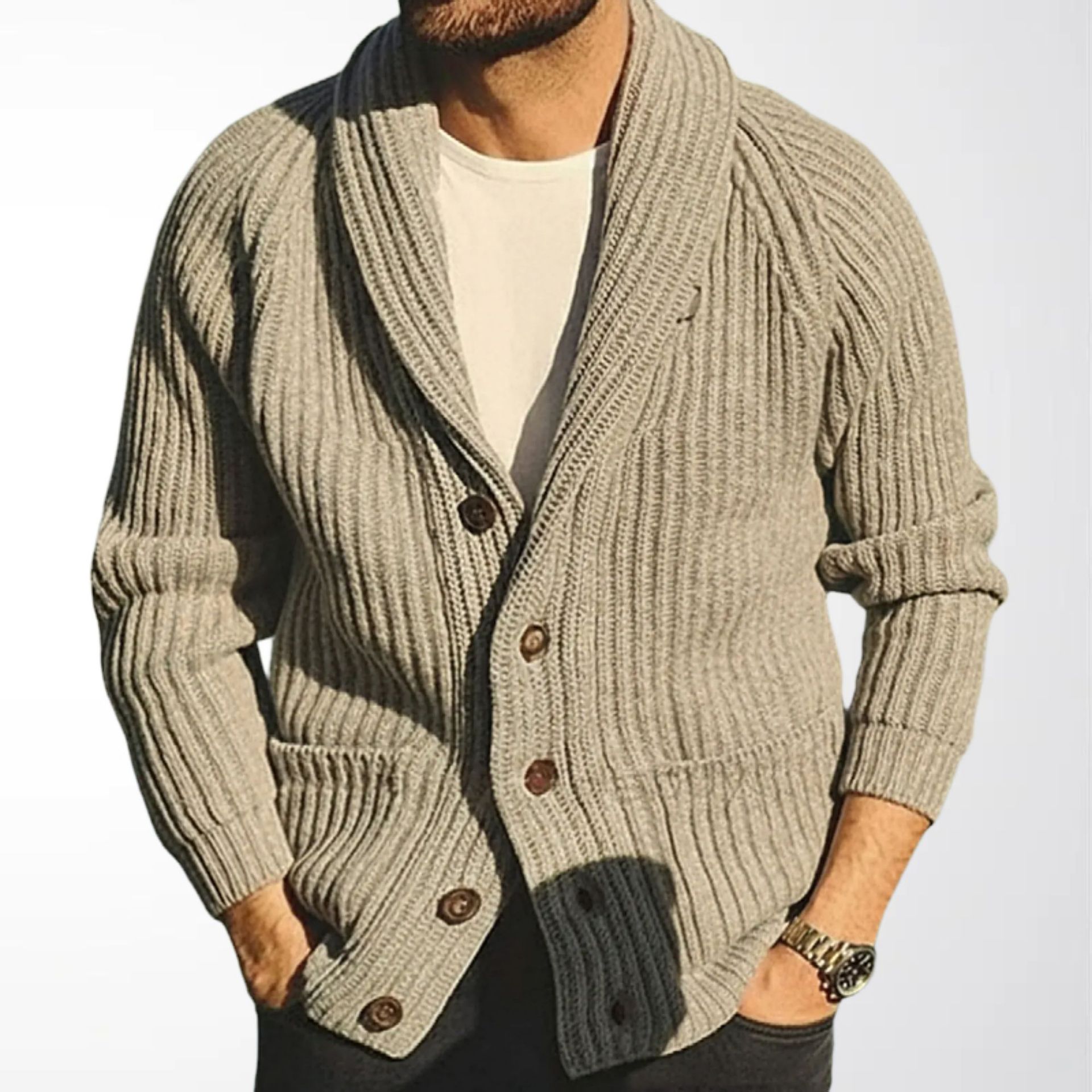 Amazon Men's Khaki Ribbed Knit Cardigan Men's Autumn and Winter Retro Casual Loose Sweater Jacket Sy0055